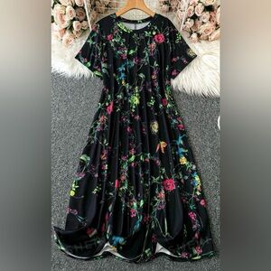 LUNE Plus Size Women Fashionable Flower Pattern Short Sleeve Dress 2XL